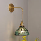 Wall Lamp Geometric Stained Glass Shade Vintage Brass Arm Pastoral