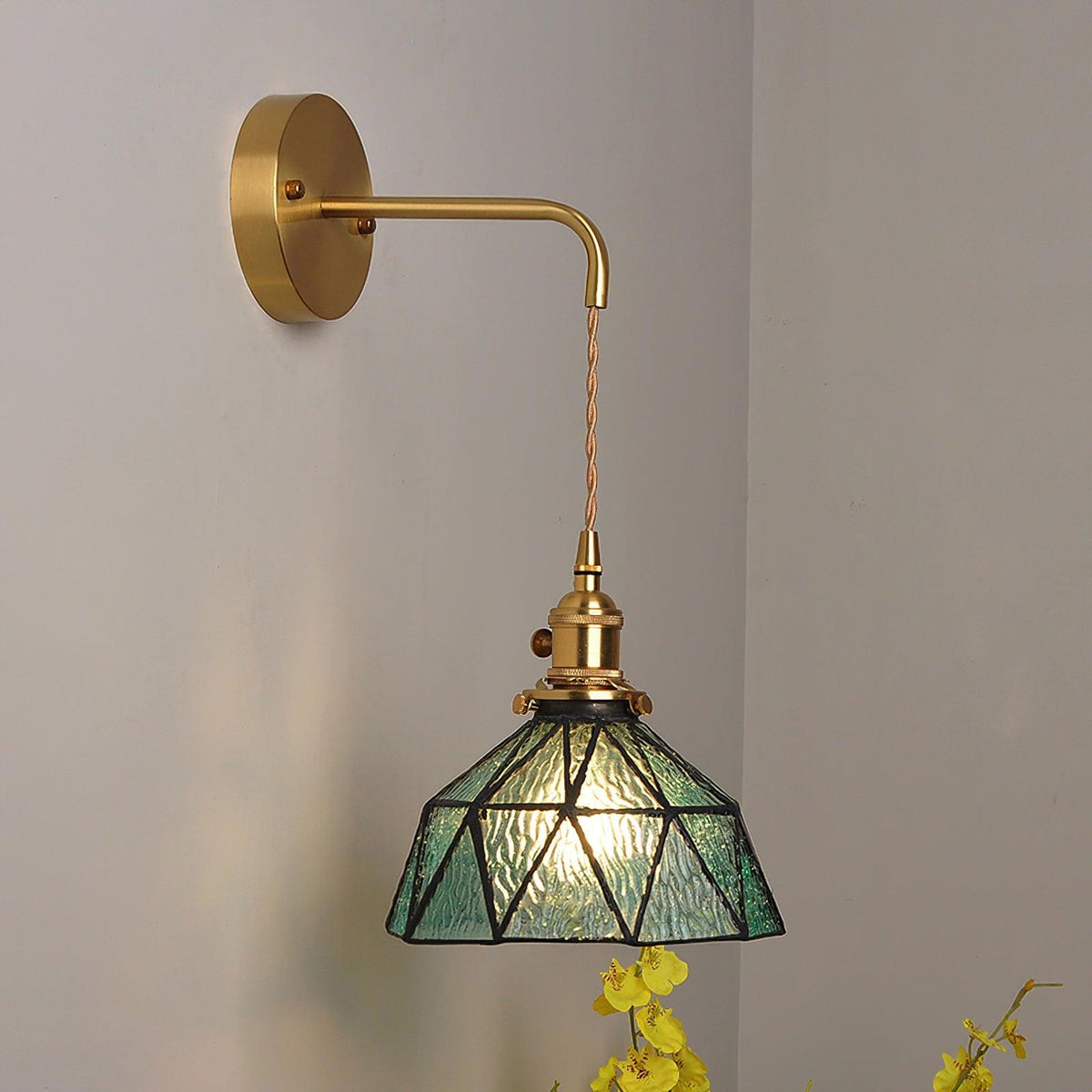 Wall Lamp Geometric Stained Glass Shade Vintage Brass Arm Pastoral