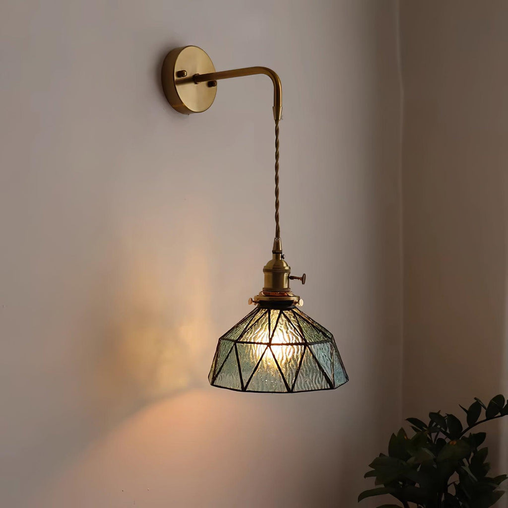 Wall Lamp Geometric Stained Glass Shade Vintage Brass Arm Pastoral