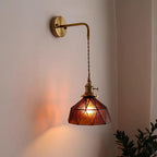 Wall Lamp Geometric Stained Glass Shade Vintage Brass Arm Pastoral
