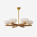 Chandelier Walnut Wood Arms and Opal Glass Shades Midcentury