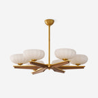Chandelier Walnut Wood Arms and Opal Glass Shades Midcentury