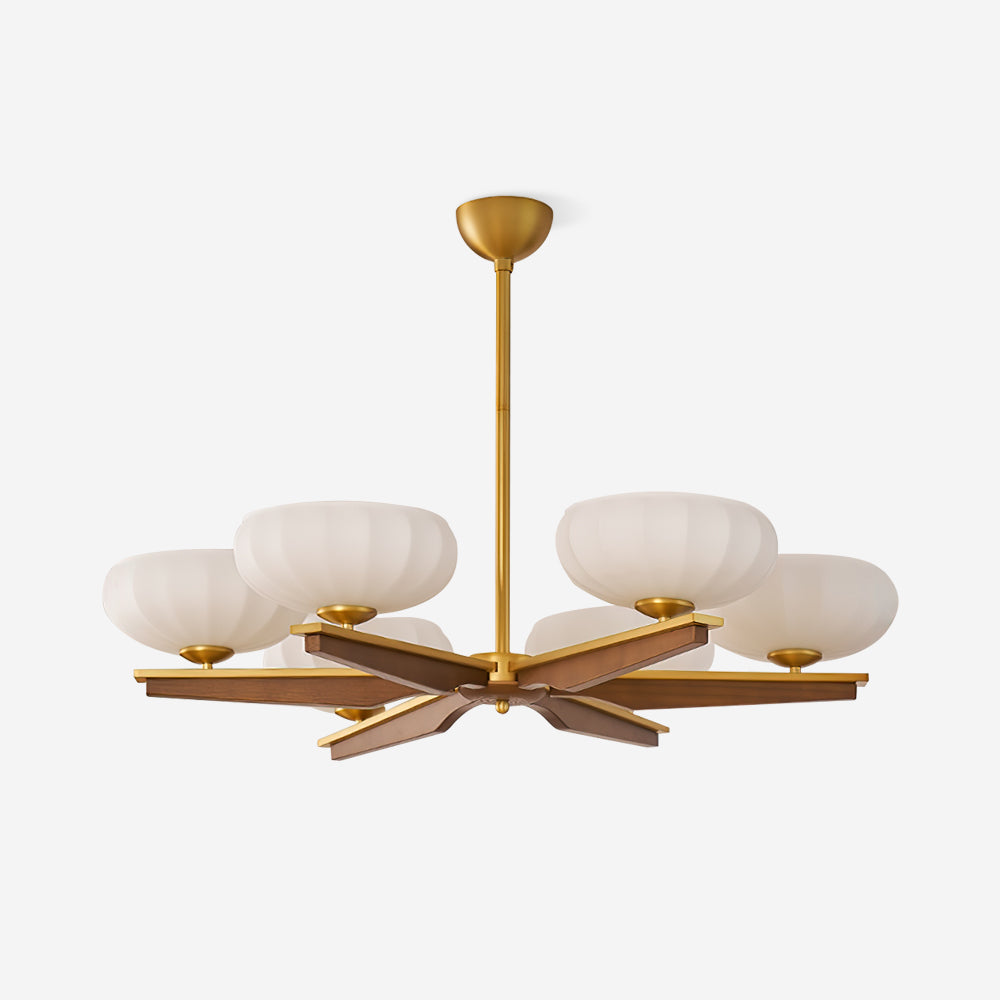 Chandelier Walnut Wood Arms and Opal Glass Shades Midcentury