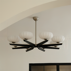 Chandelier Walnut Wood Arms and Opal Glass Shades Midcentury