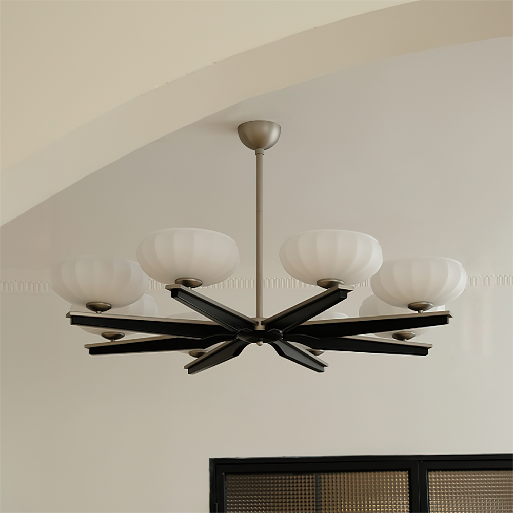Chandelier Walnut Wood Arms and Opal Glass Shades Midcentury