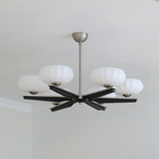 Chandelier Walnut Wood Arms and Opal Glass Shades Midcentury