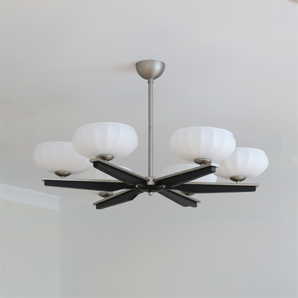Chandelier Walnut Wood Arms and Opal Glass Shades Midcentury