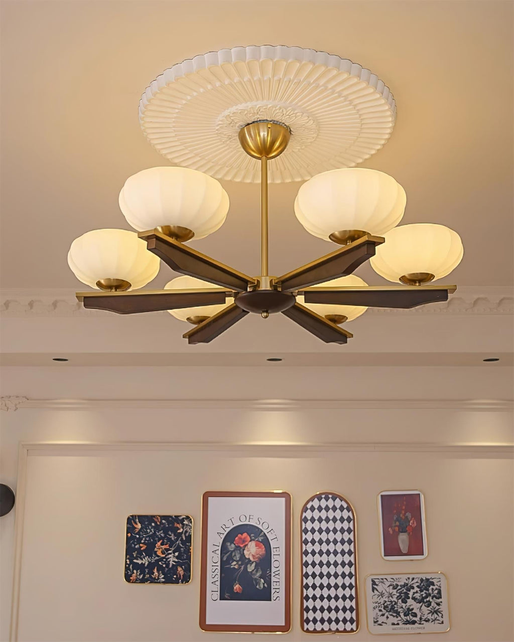 Chandelier Walnut Wood Arms and Opal Glass Shades Midcentury
