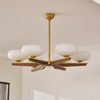 Chandelier Walnut Wood Arms and Opal Glass Shades Midcentury