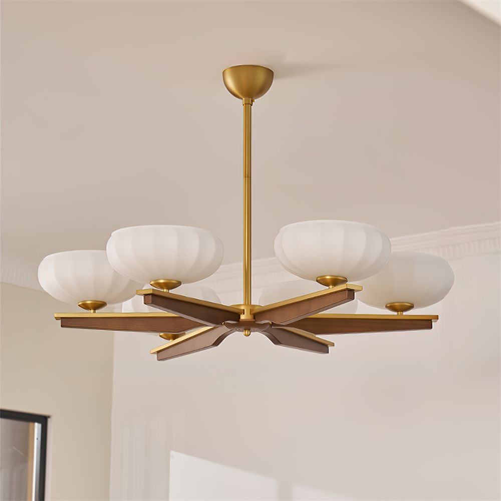 Chandelier Walnut Wood Arms and Opal Glass Shades Midcentury