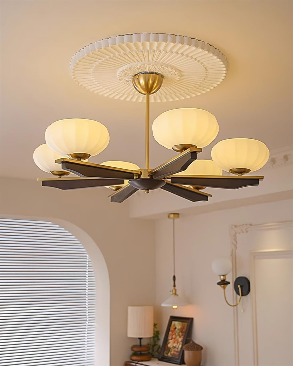 Chandelier Walnut Wood Arms and Opal Glass Shades Midcentury