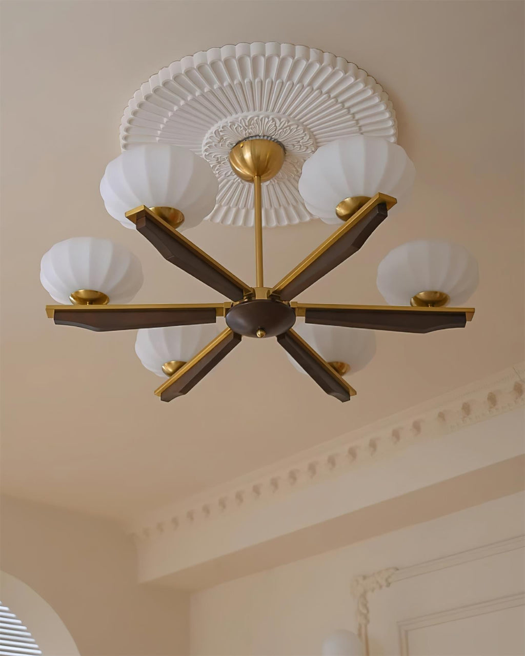 Chandelier Walnut Wood Arms and Opal Glass Shades Midcentury