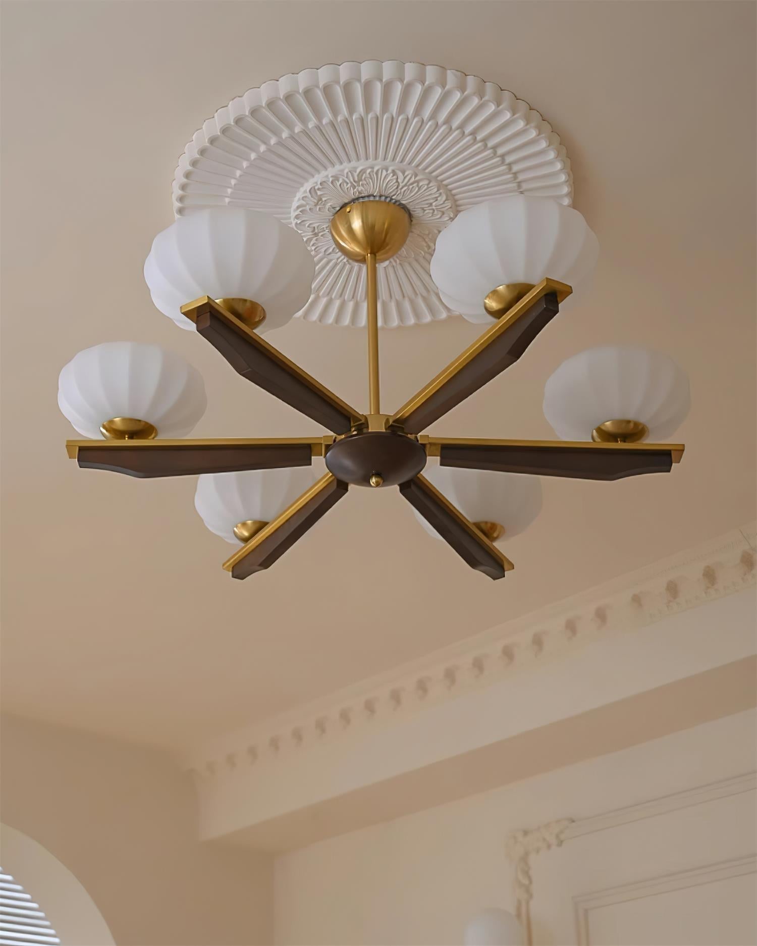 Chandelier Walnut Wood Arms and Opal Glass Shades Midcentury