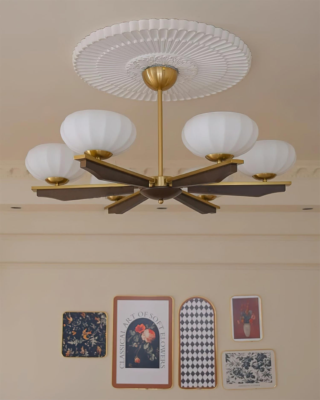 Chandelier Walnut Wood Arms and Opal Glass Shades Midcentury