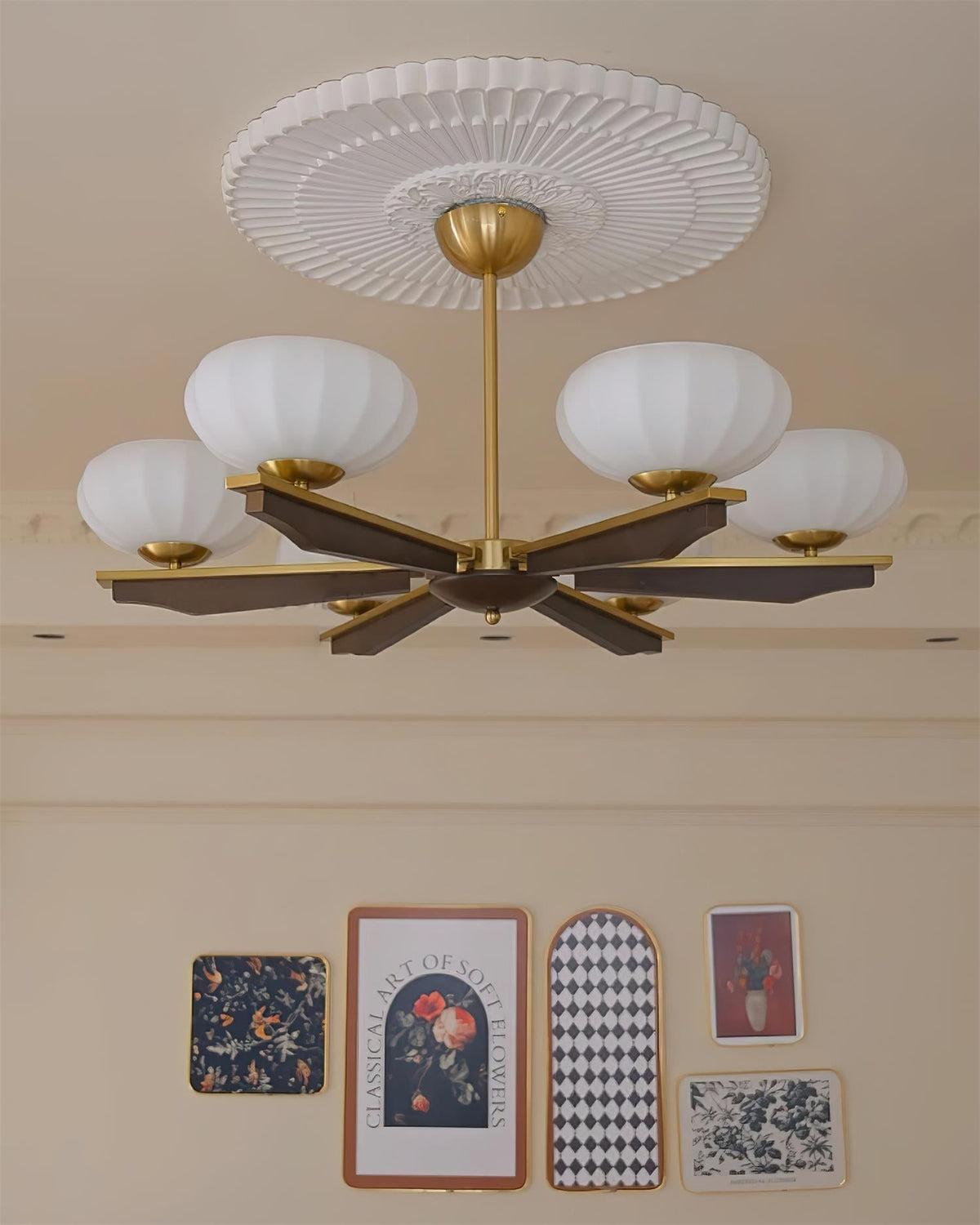 Chandelier Walnut Wood Arms and Opal Glass Shades Midcentury
