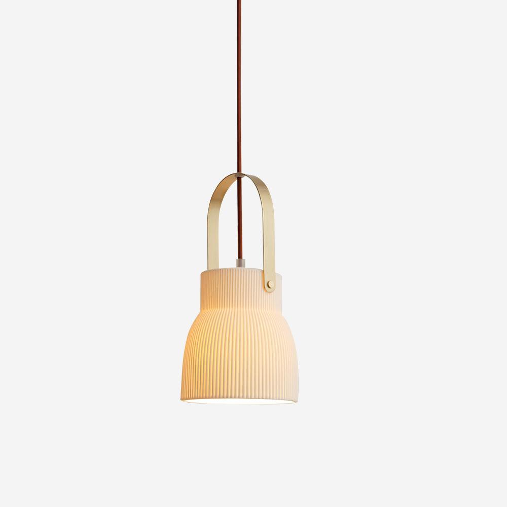 Pendant Lamp Ribbed White Ceramic with Brass Handle