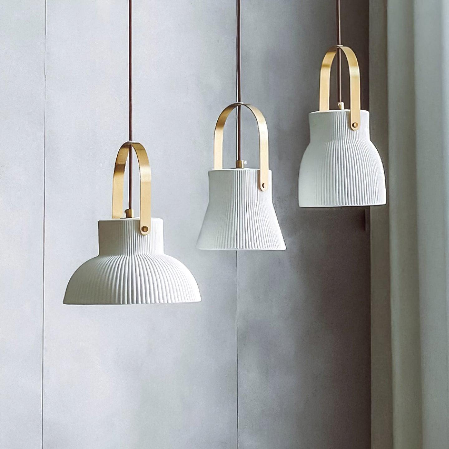 Pendant Lamp Ribbed White Ceramic with Brass Handle