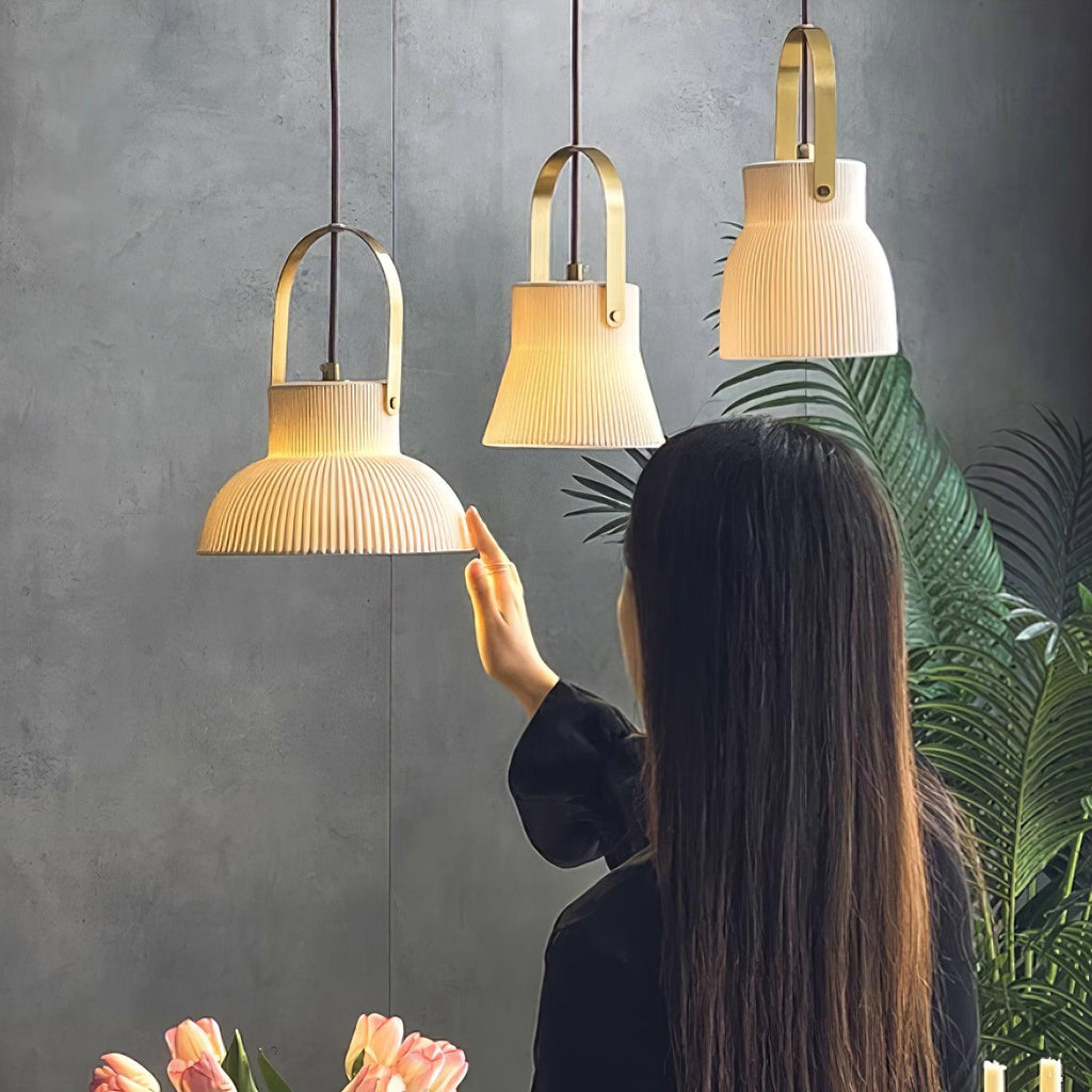 Pendant Lamp Ribbed White Ceramic with Brass Handle