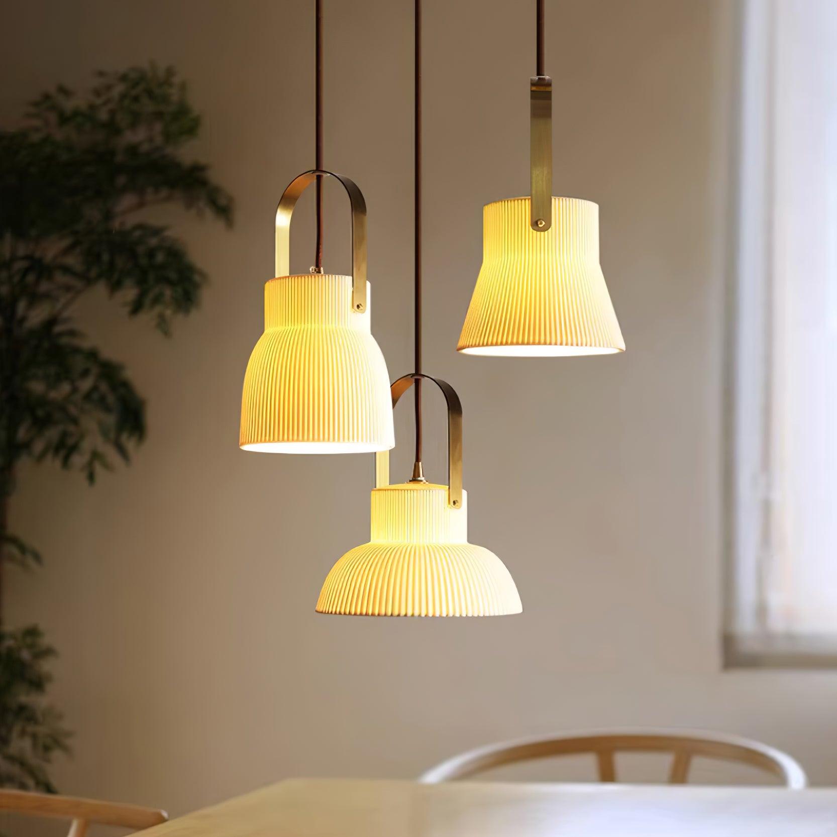 Pendant Lamp Ribbed White Ceramic with Brass Handle
