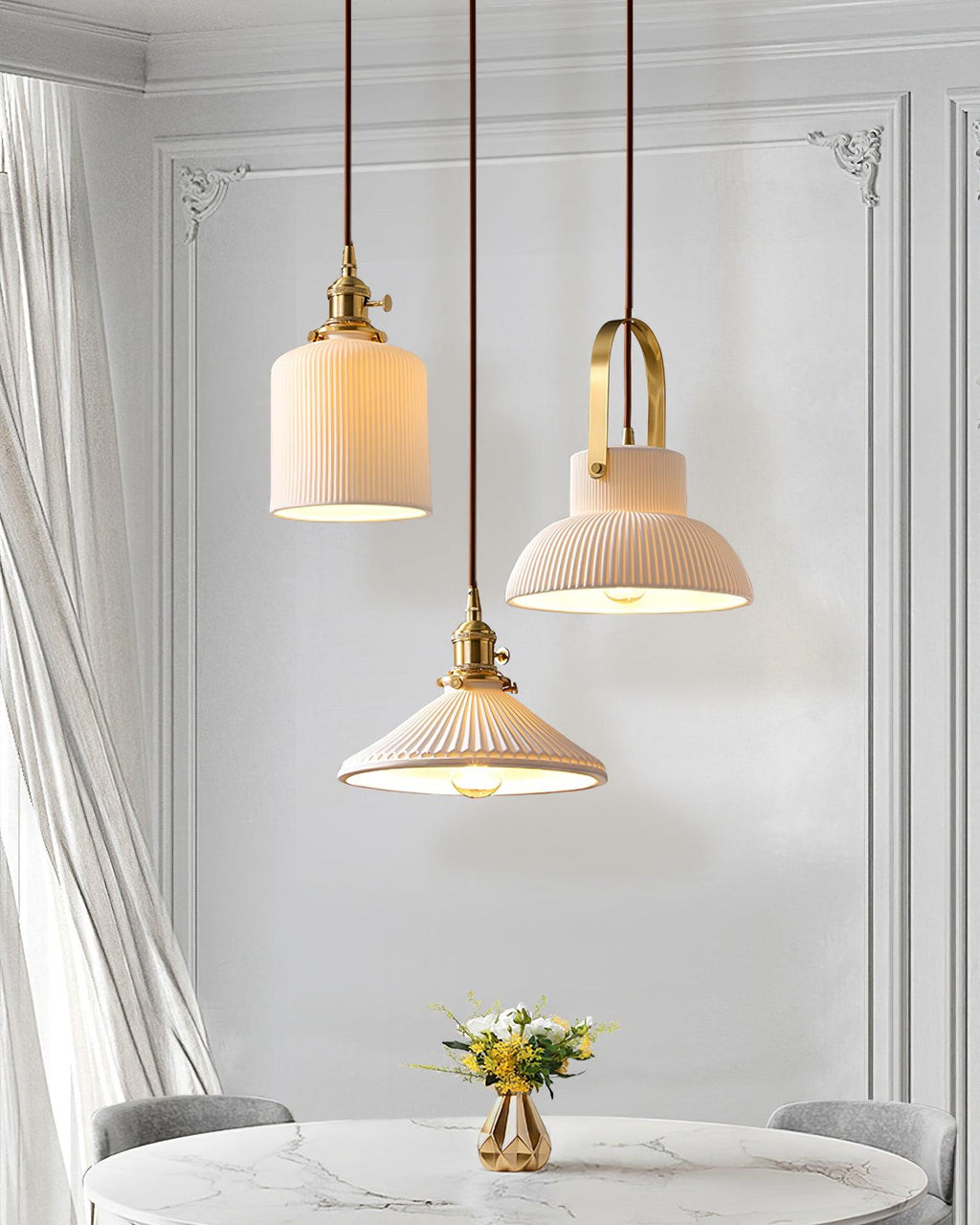 Pendant Lamp Ribbed White Ceramic with Brass Handle