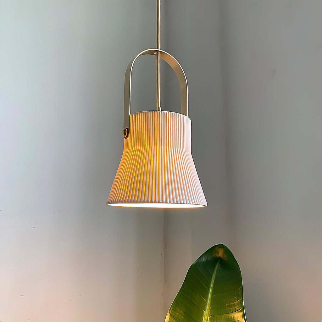 Pendant Lamp Ribbed White Ceramic with Brass Handle