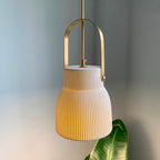 Pendant Lamp Ribbed White Ceramic with Brass Handle