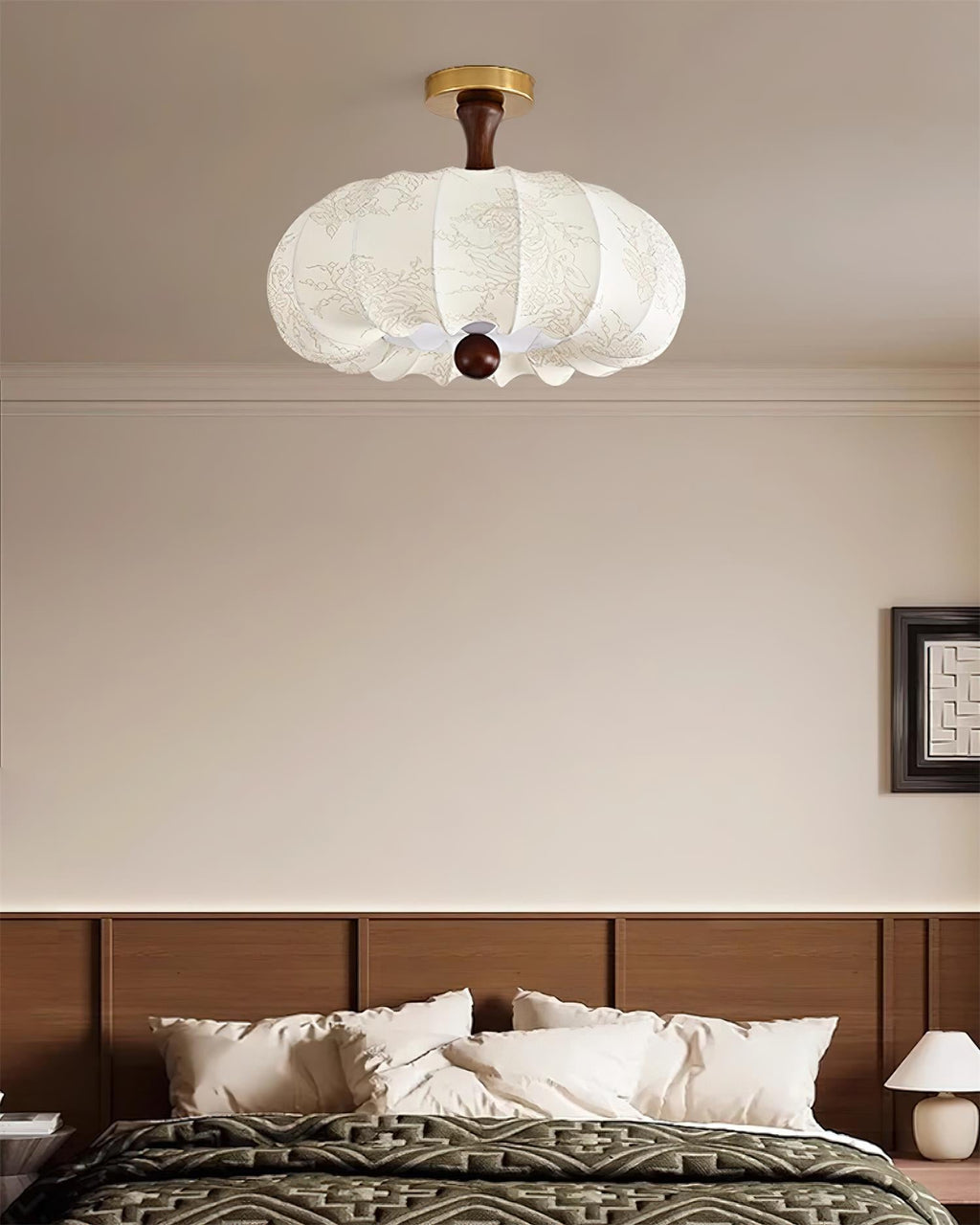 Ceiling Light Scalloped Fabric Shade Walnut Wood Canopy Vintage