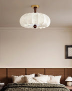 Ceiling Light Scalloped Fabric Shade Walnut Wood Canopy Vintage