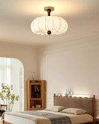 Ceiling Light Scalloped Fabric Shade Walnut Wood Canopy Vintage