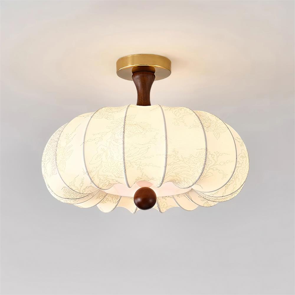 Ceiling Light Scalloped Fabric Shade Walnut Wood Canopy Vintage