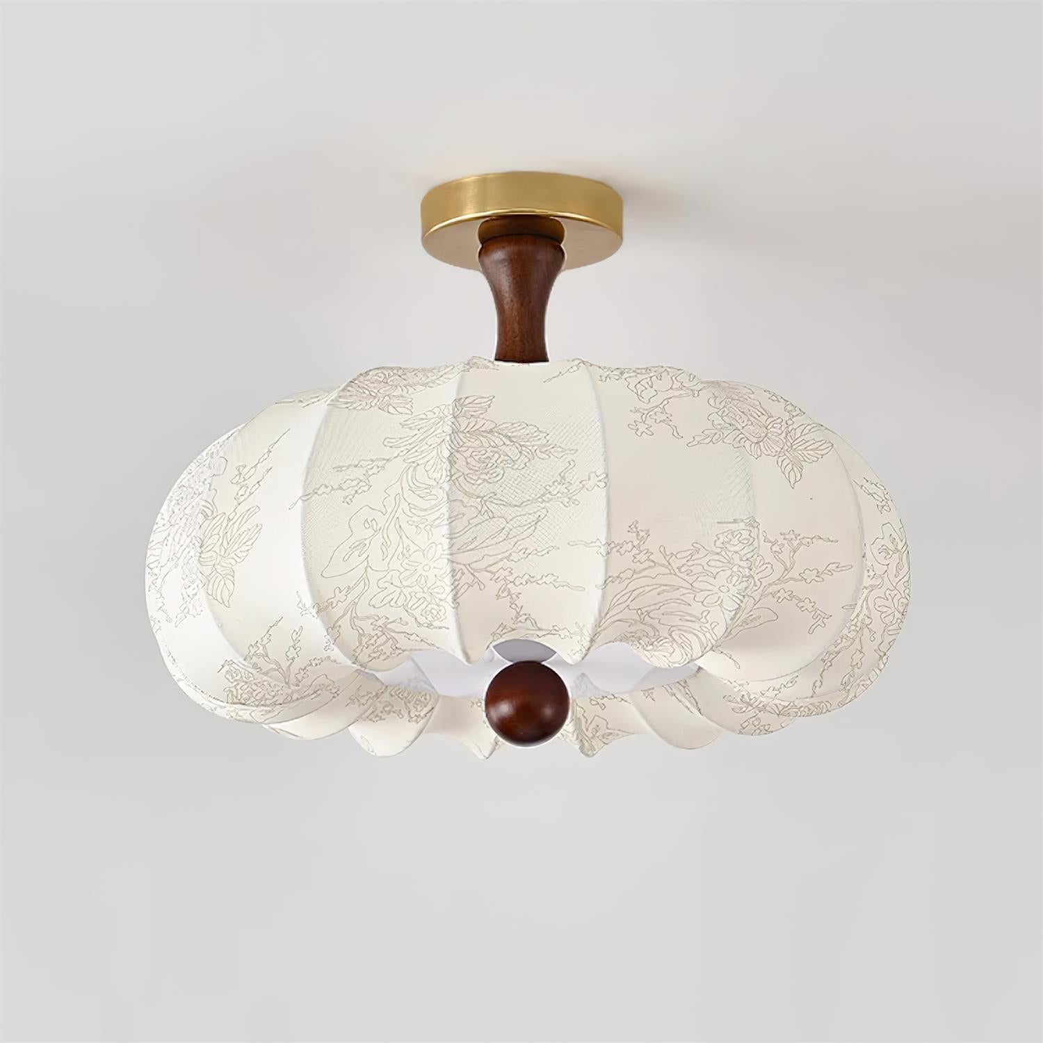 Ceiling Light Scalloped Fabric Shade Walnut Wood Canopy Vintage