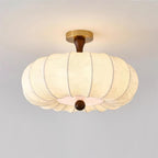 Ceiling Light Scalloped Fabric Shade Walnut Wood Canopy Vintage
