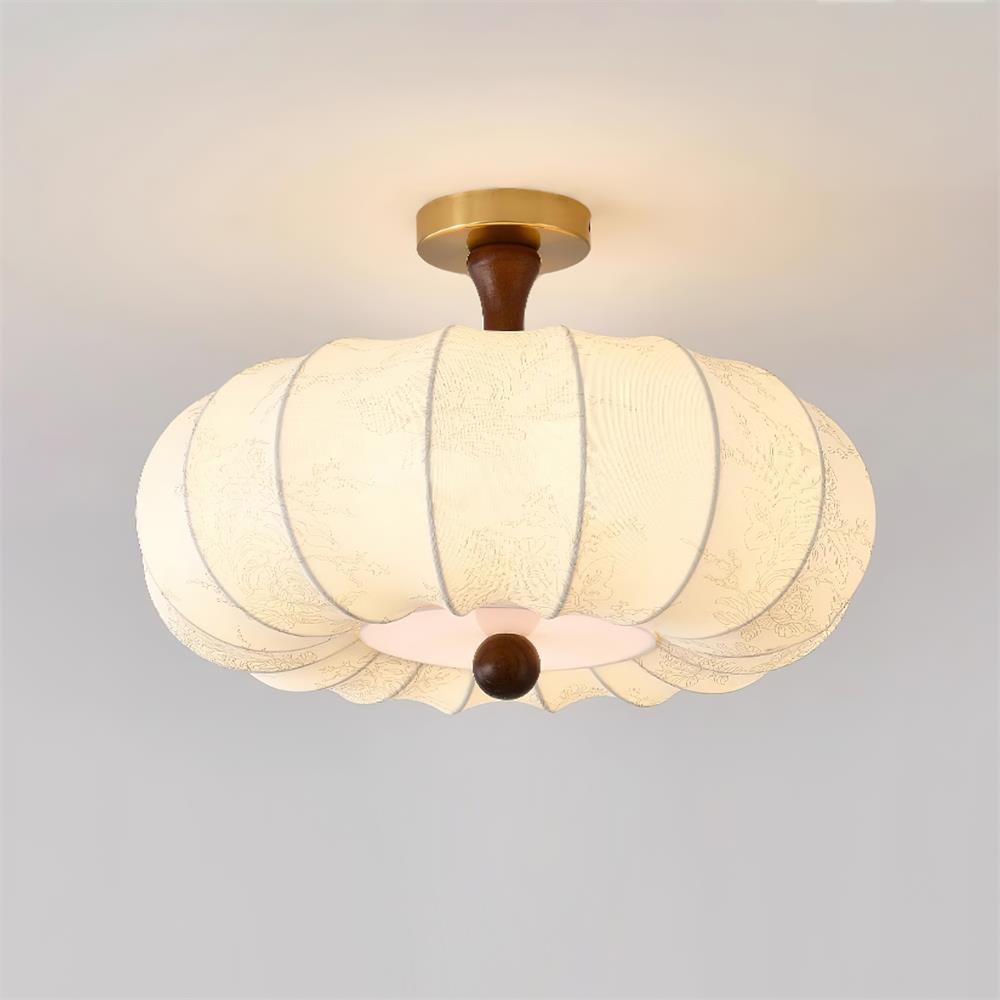 Ceiling Light Scalloped Fabric Shade Walnut Wood Canopy Vintage