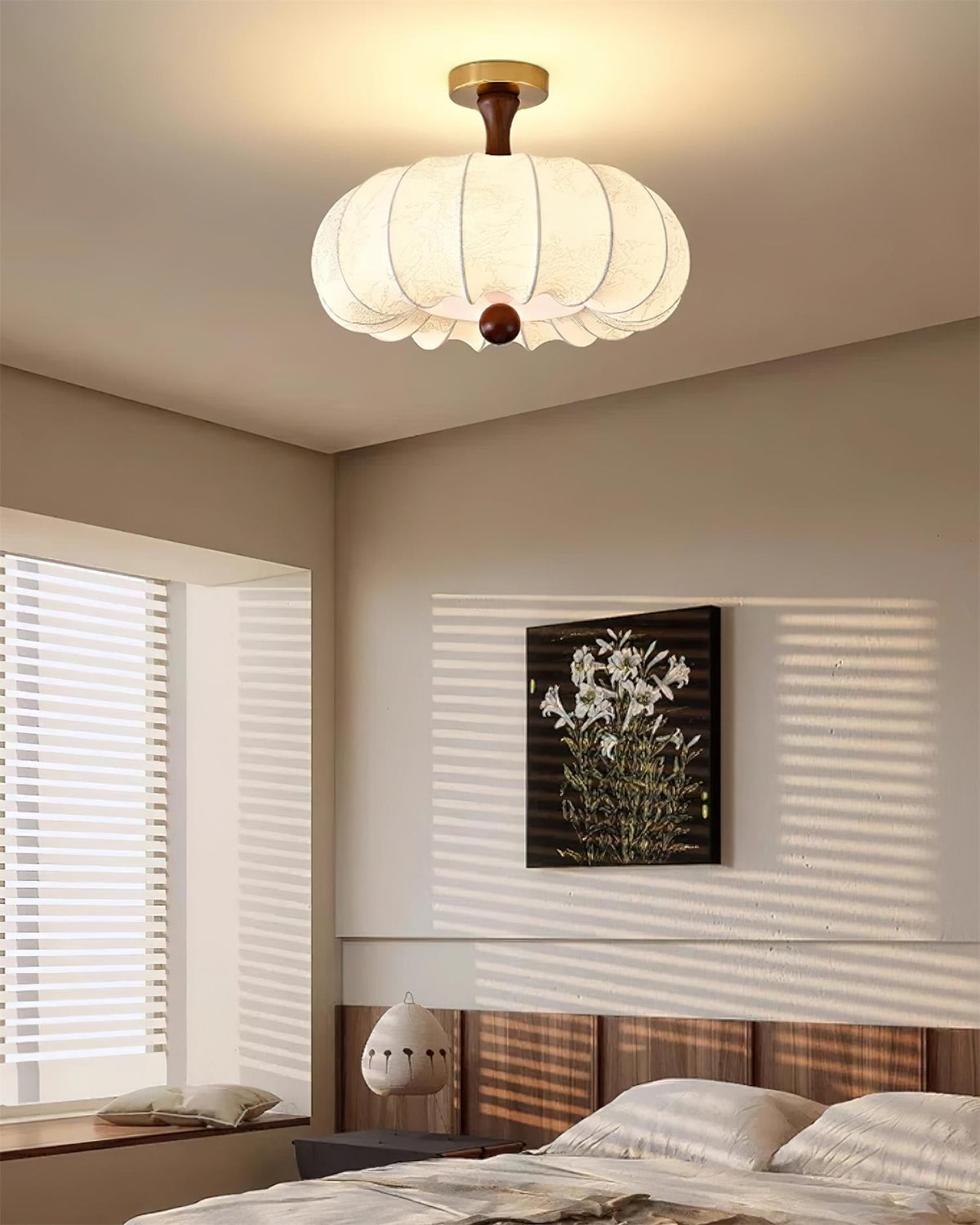 Ceiling Light Scalloped Fabric Shade Walnut Wood Canopy Vintage