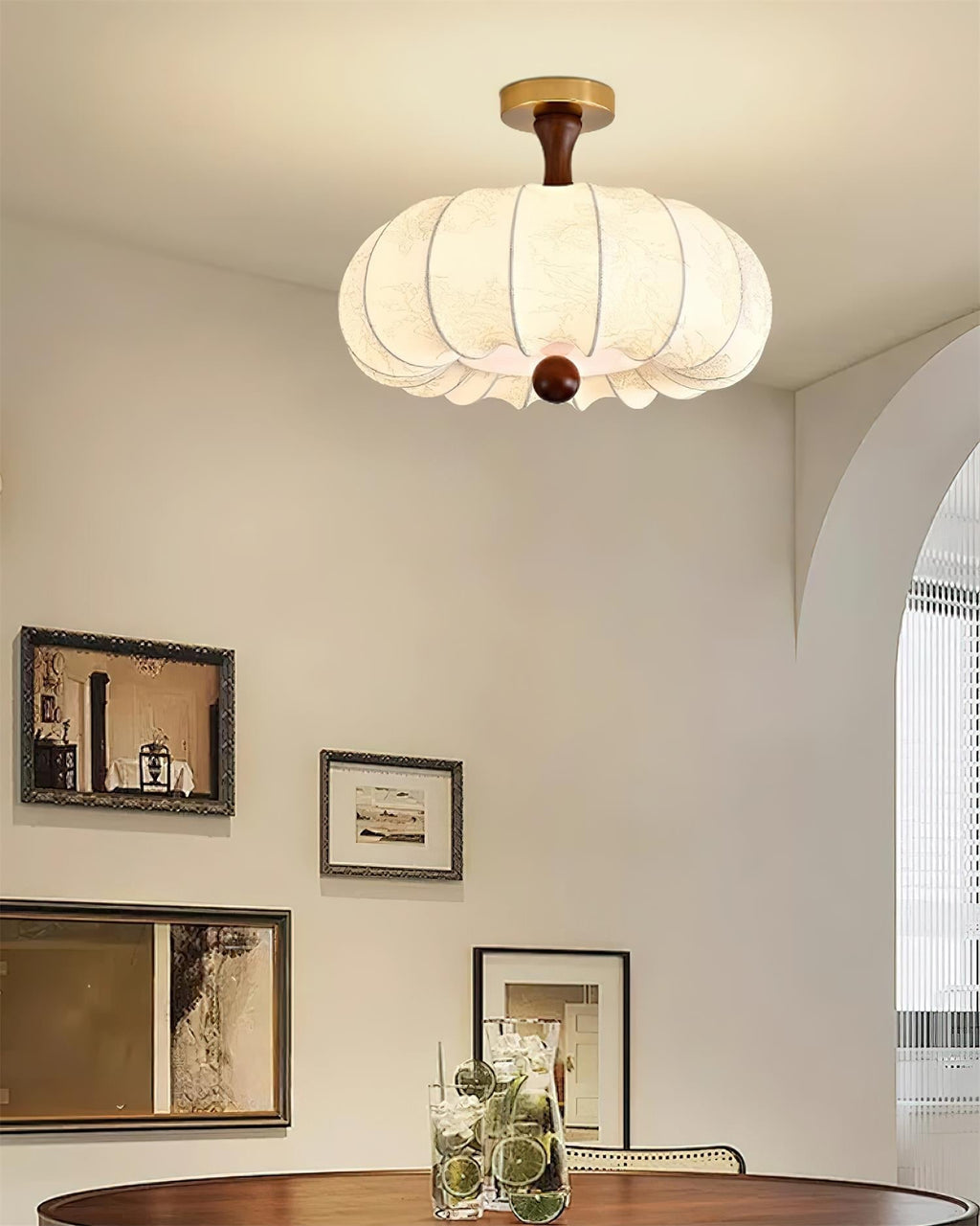 Ceiling Light Scalloped Fabric Shade Walnut Wood Canopy Vintage
