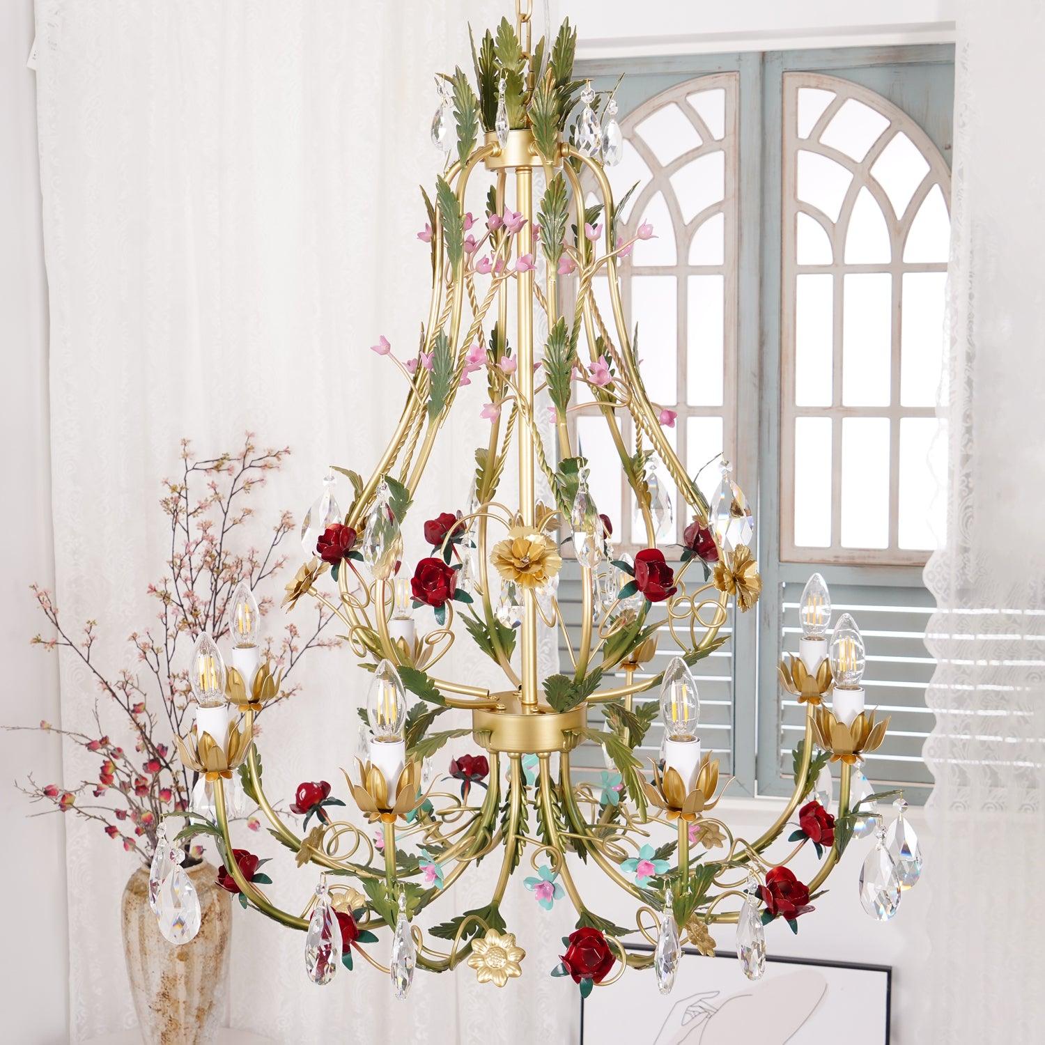 Lustra Chandelier Brass Floral Rose Crystal Candle