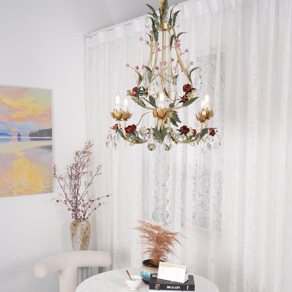 Lustra Chandelier Brass Floral Rose Crystal Candle