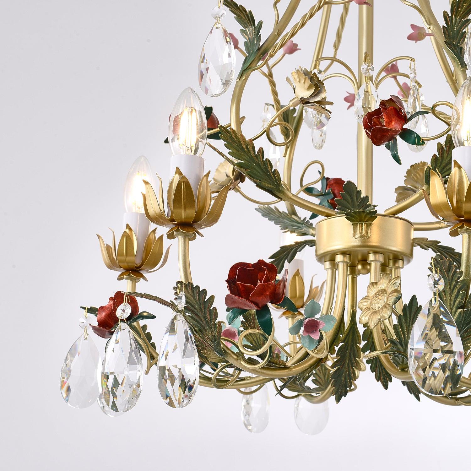 Lustra Chandelier Brass Floral Rose Crystal Candle