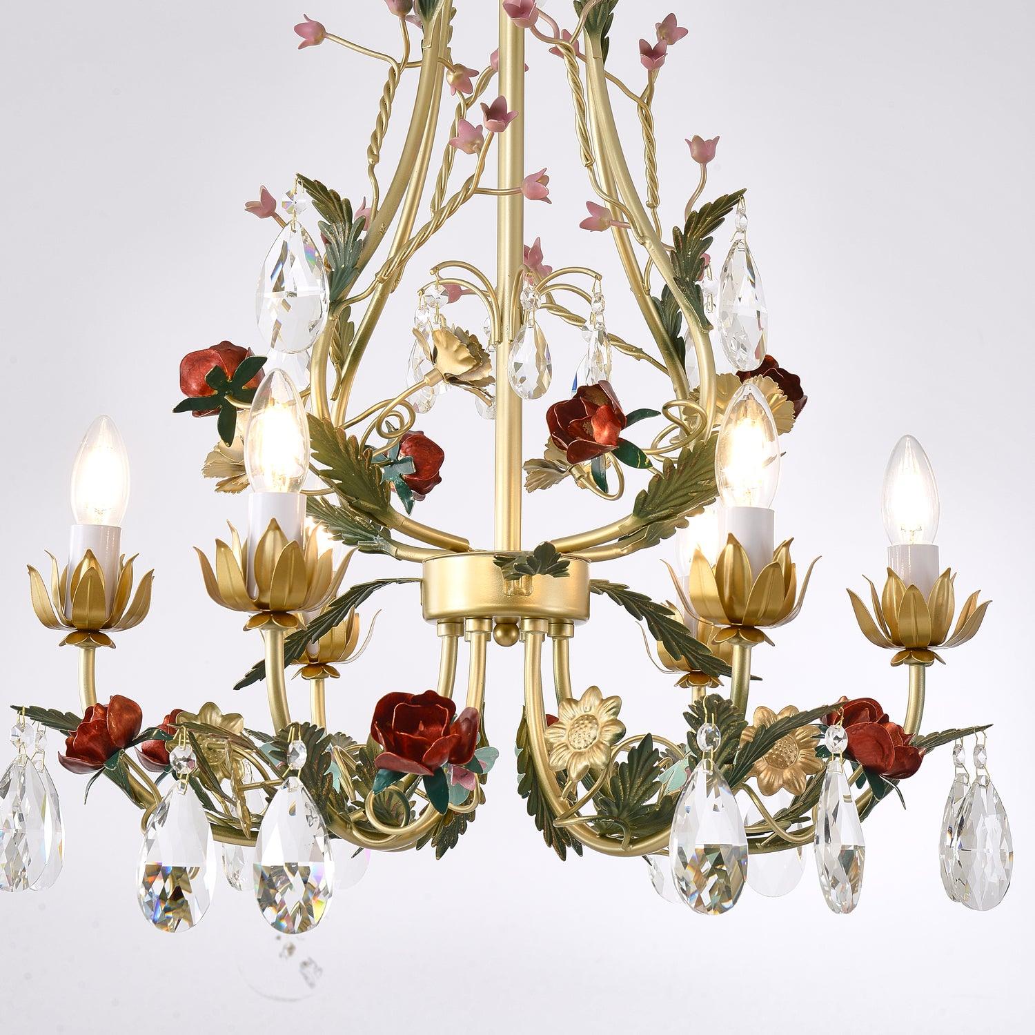 Lustra Chandelier Brass Floral Rose Crystal Candle