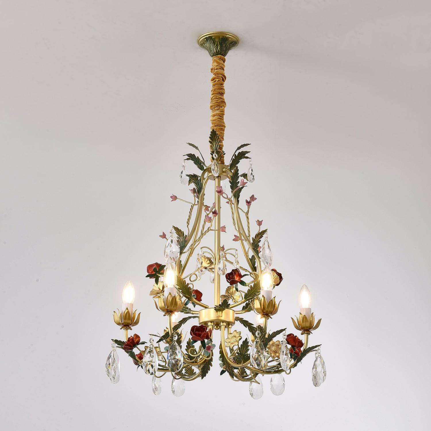 Lustra Chandelier Brass Floral Rose Crystal Candle