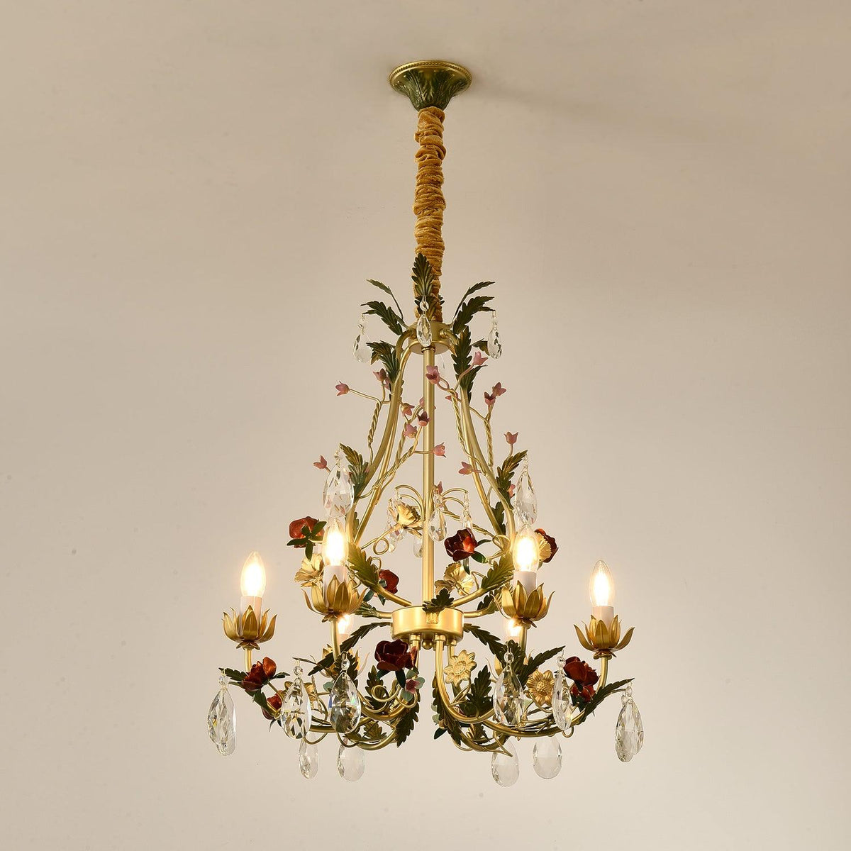 Lustra Chandelier Brass Floral Rose Crystal Candle
