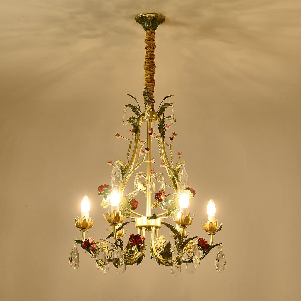 Lustra Chandelier Brass Floral Rose Crystal Candle
