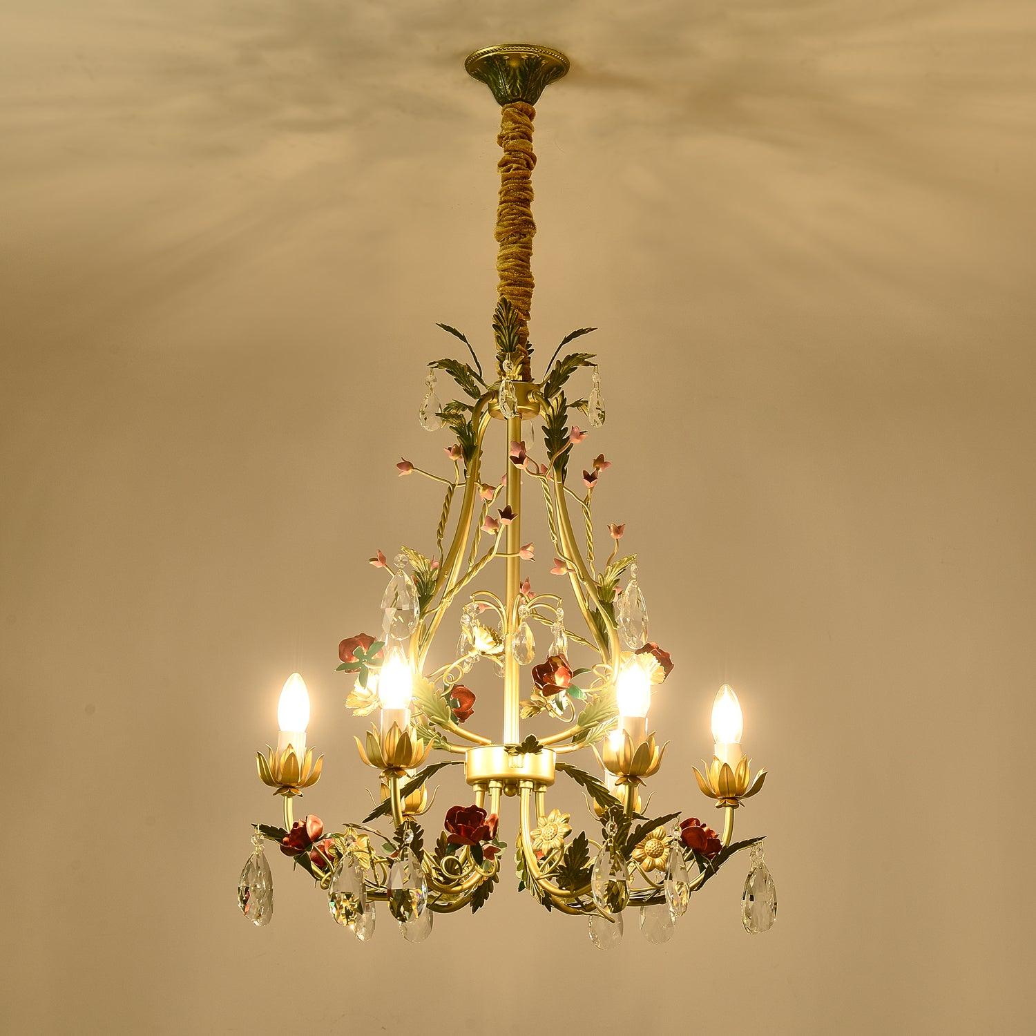Lustra Chandelier Brass Floral Rose Crystal Candle