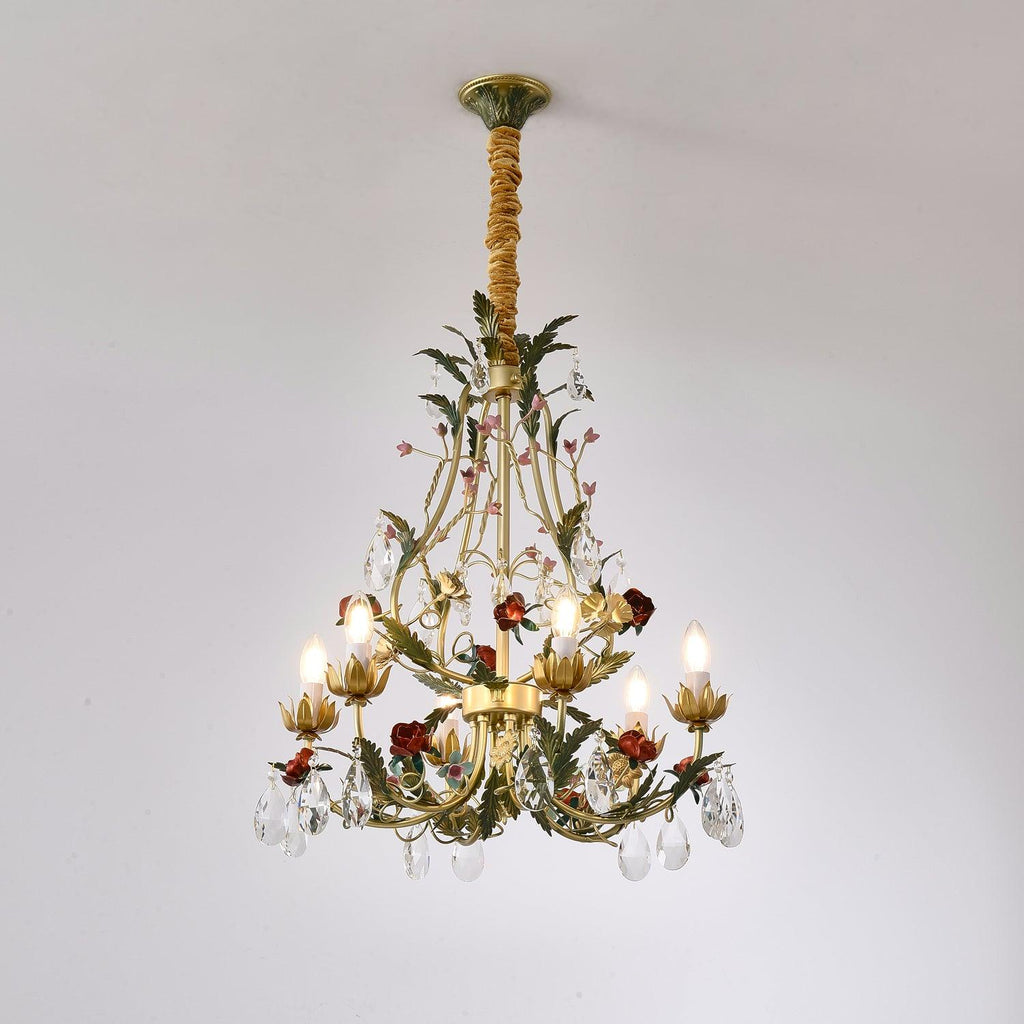 Lustra Chandelier Brass Floral Rose Crystal Candle