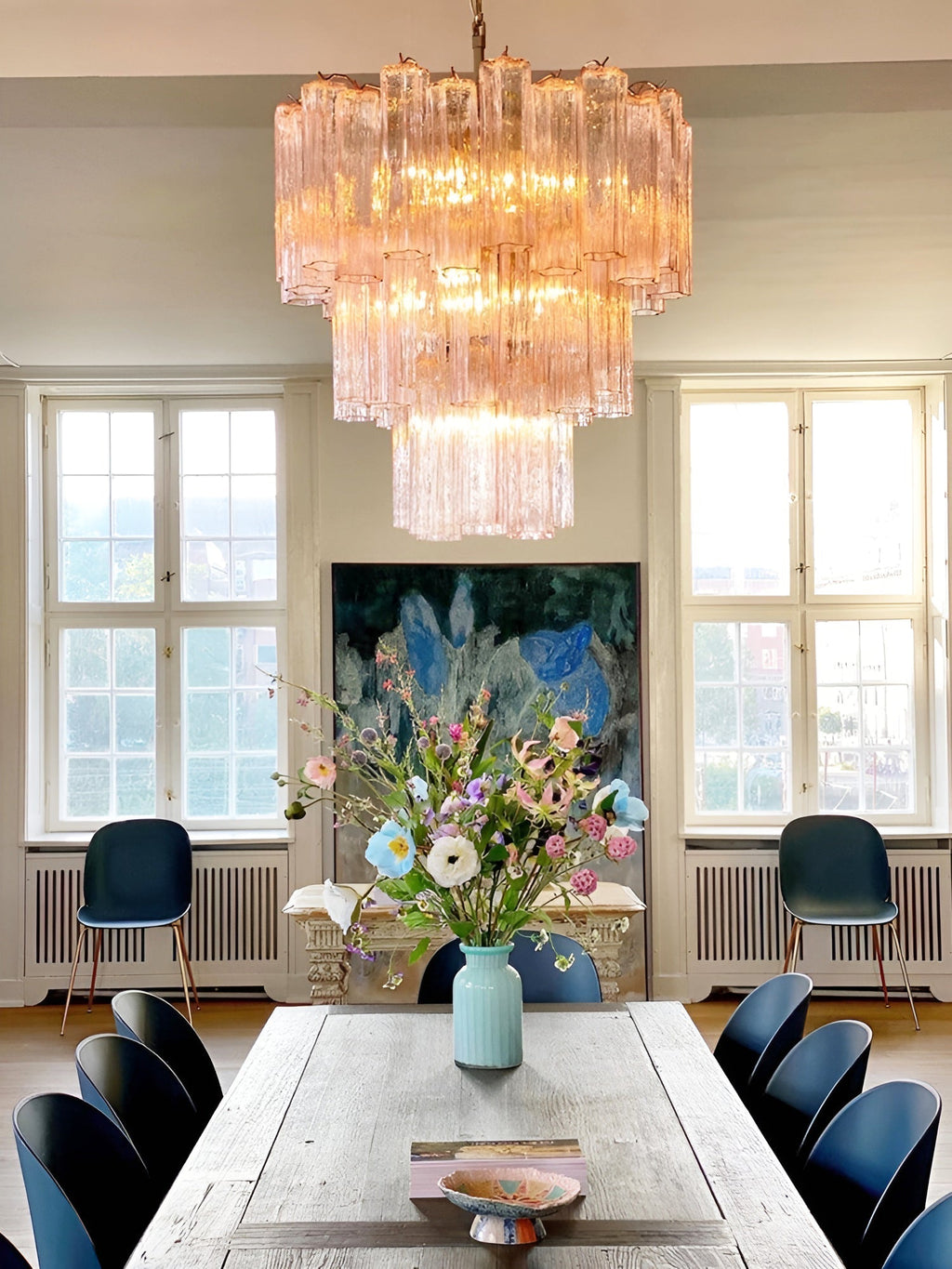 Aurora Chandelier Pink Glass Tubes Layered Modern