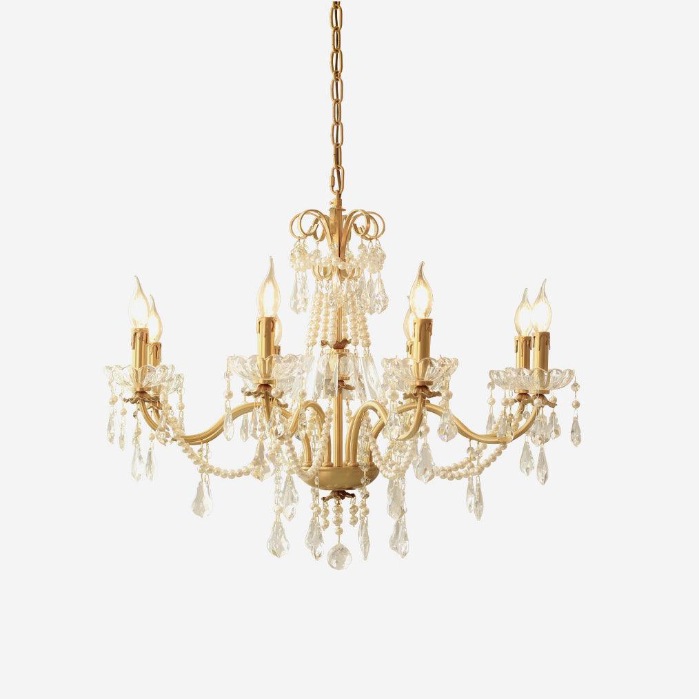 Chandelier Brass Body Crystal Pearl Drops Vintage Elegance