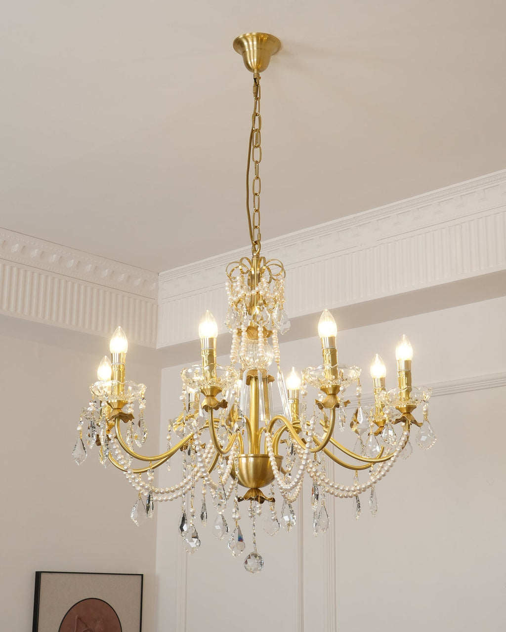 Chandelier Brass Body Crystal Pearl Drops Vintage Elegance