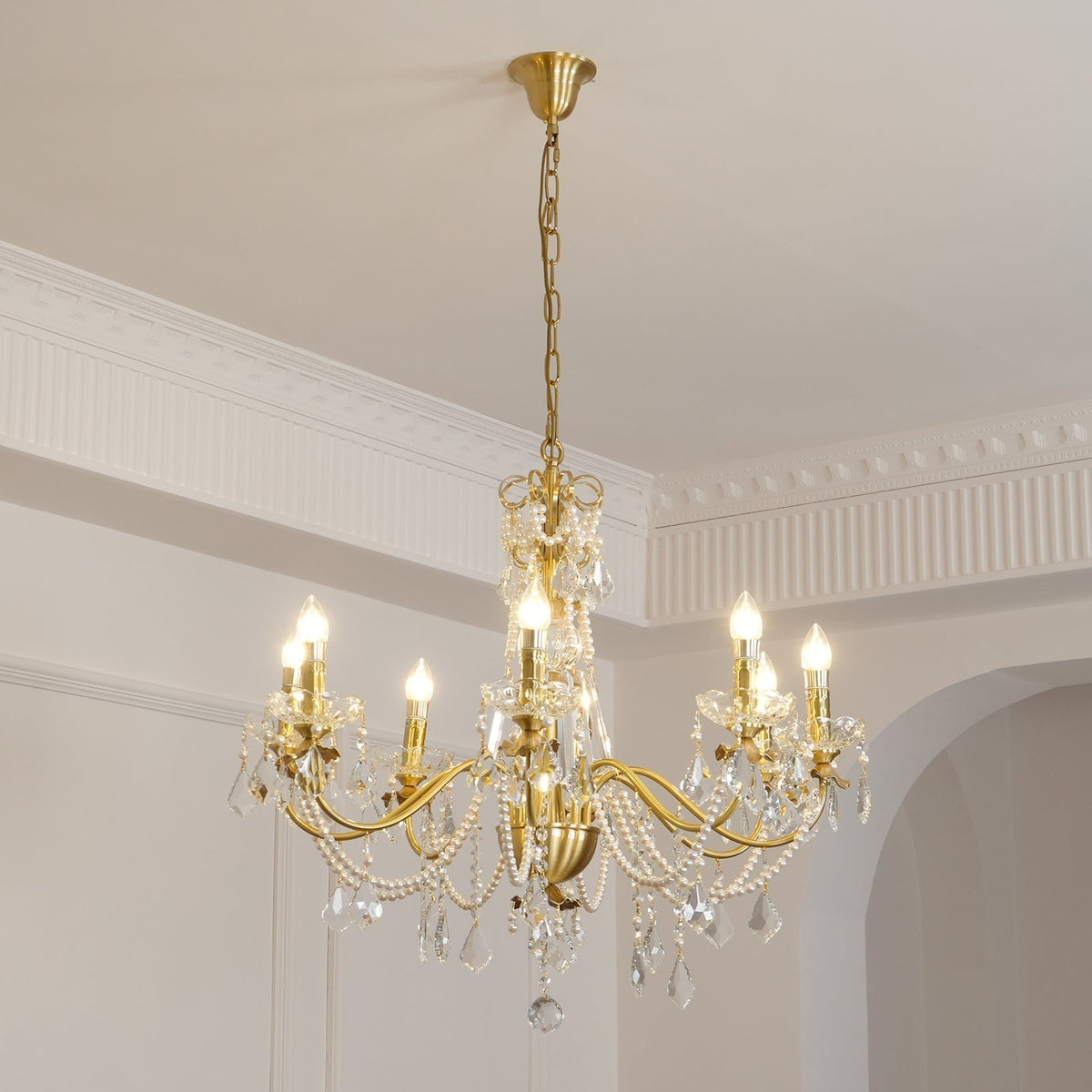 Chandelier Brass Body Crystal Pearl Drops Vintage Elegance