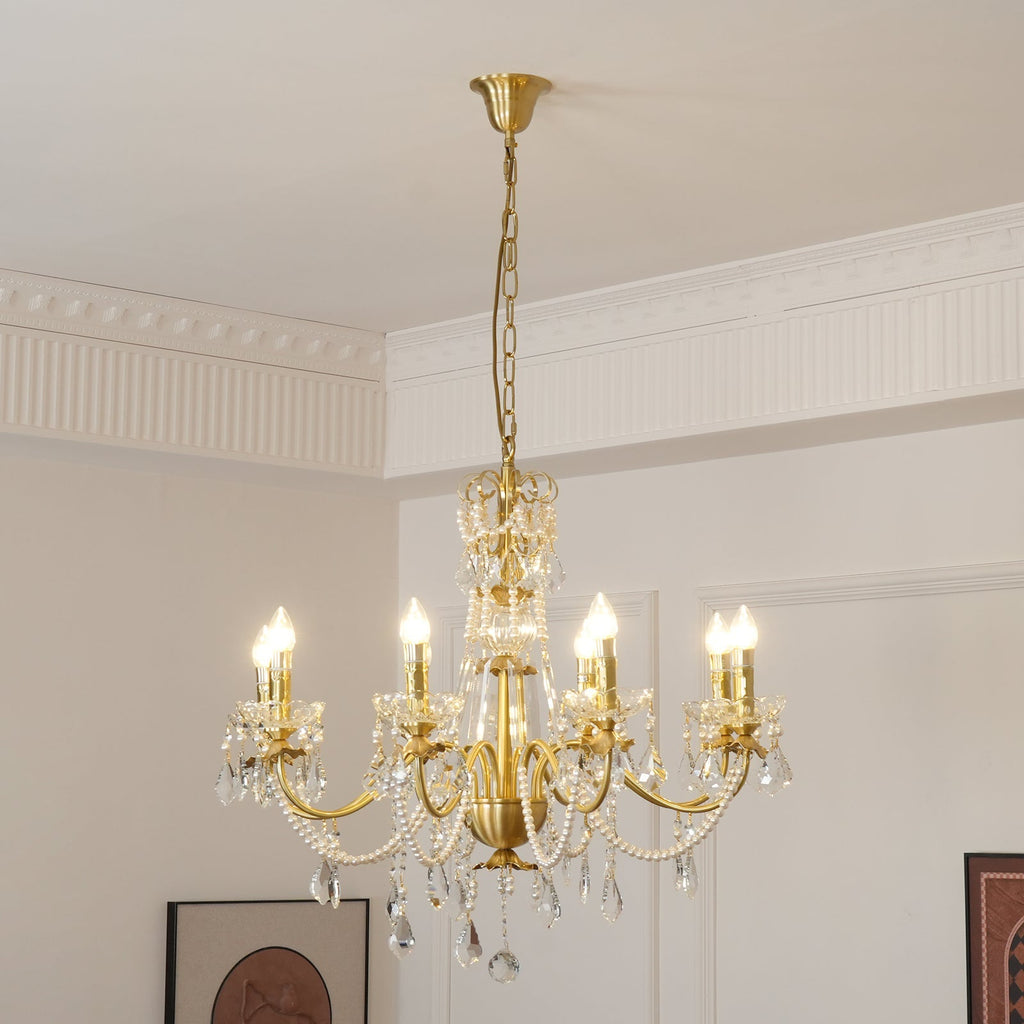 Chandelier Brass Body Crystal Pearl Drops Vintage Elegance