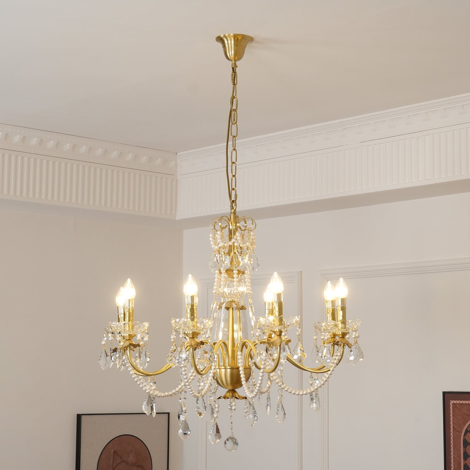 Chandelier Brass Body Crystal Pearl Drops Vintage Elegance